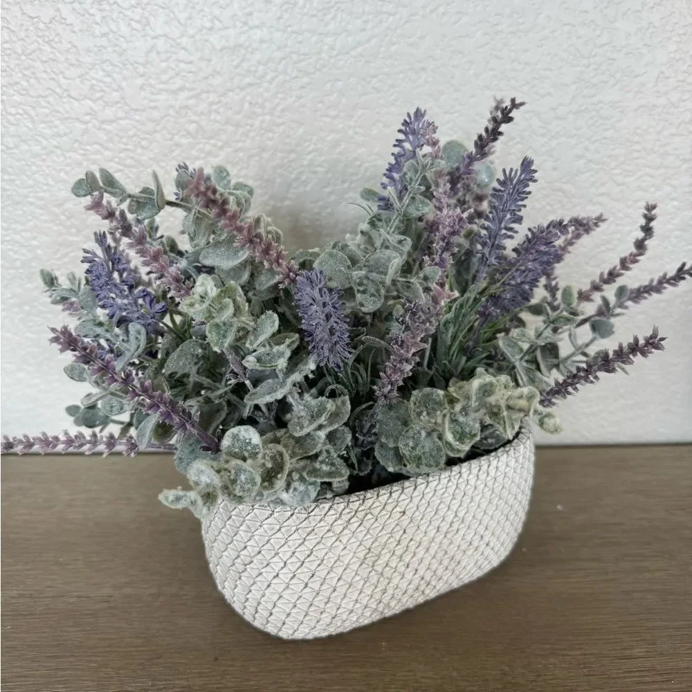 Lavender Eucalyptus Faux Floral Ceramic Oval Planter Pot Decor Arrangement